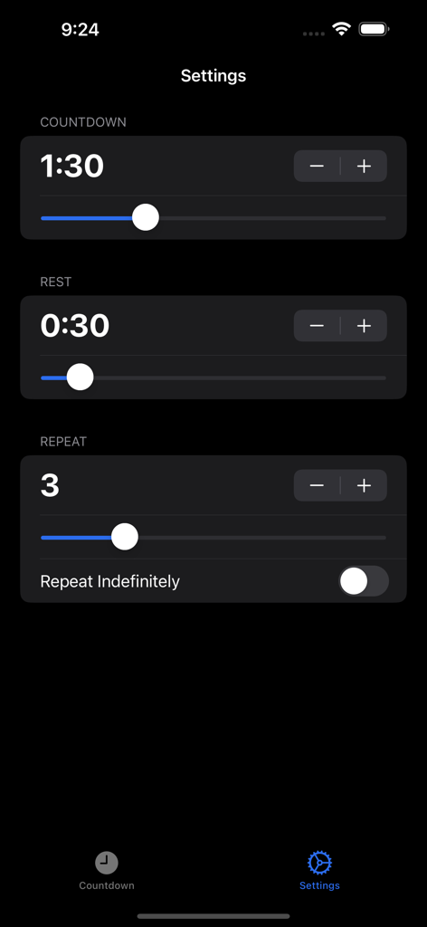 Oft: Fitness Timer - Settings screen of the Oft Fitness Timer app showing countdown rest and repeat intervals