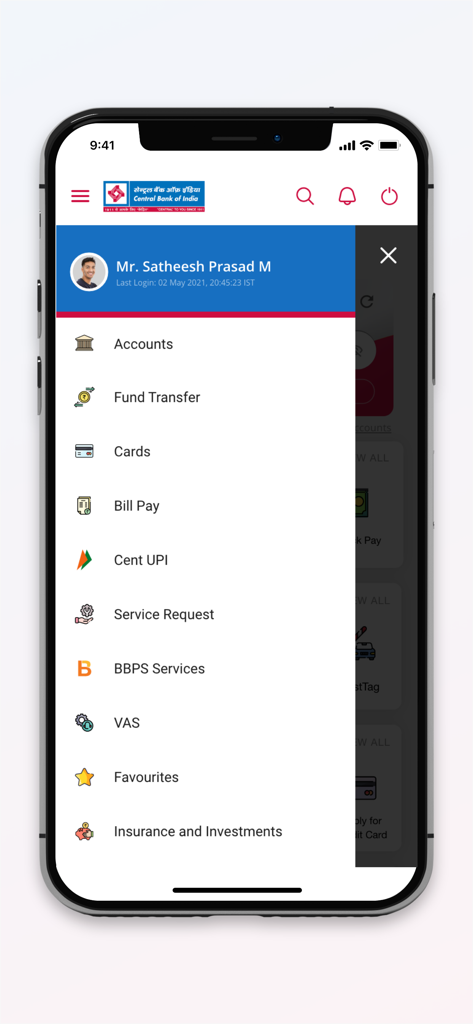 CentMobile - CentMobile app navigation menu displaying banking services like fund transfer and accounts