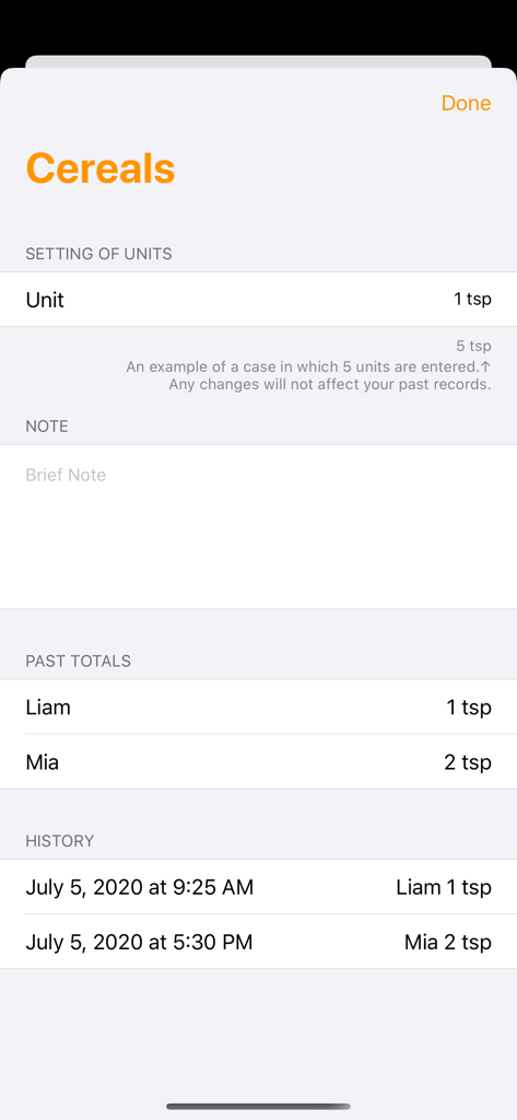 Cereal intake tracking screen in the Solid Food Diary app showing history for two children Liam and Mia