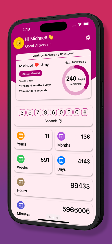Our Time Together - A mobile app screen showing a relationship duration counter and anniversary countdown for a married couple.