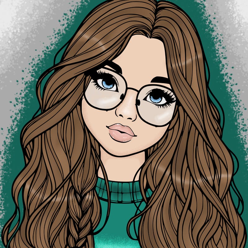 girl with long hair and freckles and glasses realistic