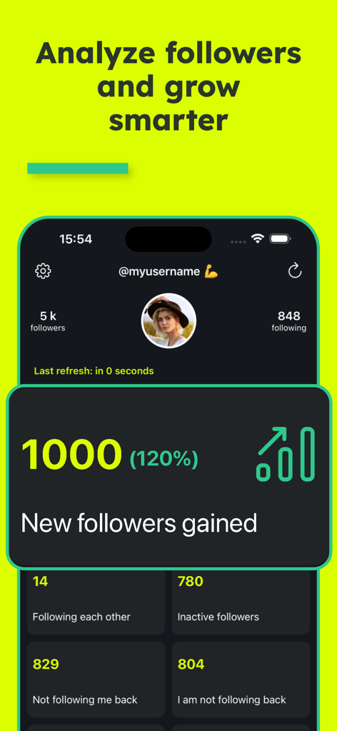 FollowerSpy Unfollower Tracker - FollowerSpy app interface displaying follower growth metrics and audience tracking statistics