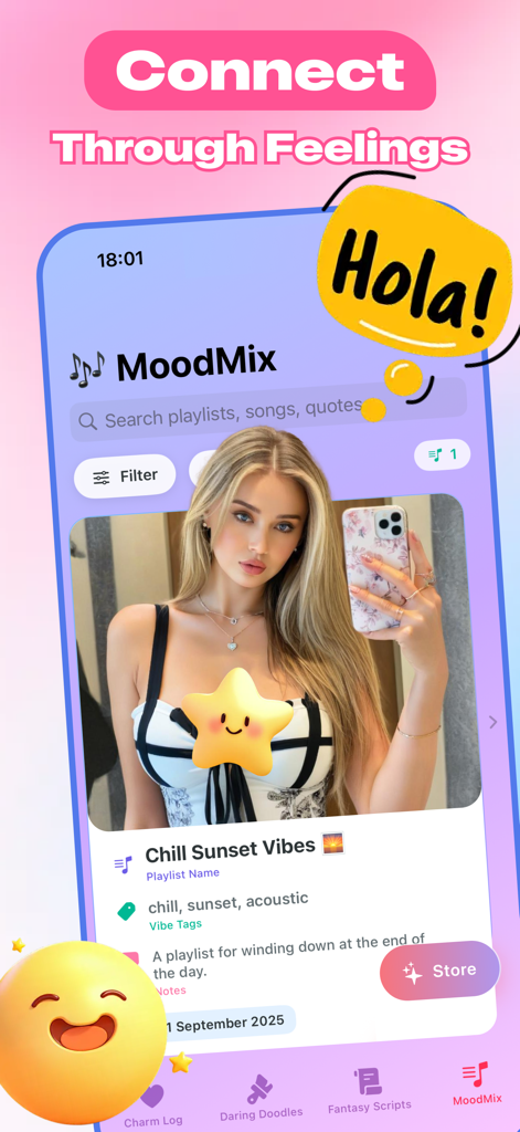 Bloom Chat - Make New Friends - Interface de l'application Bloom Chat montrant la fonctionnalité MoodMix avec une playlist pour se détendre.