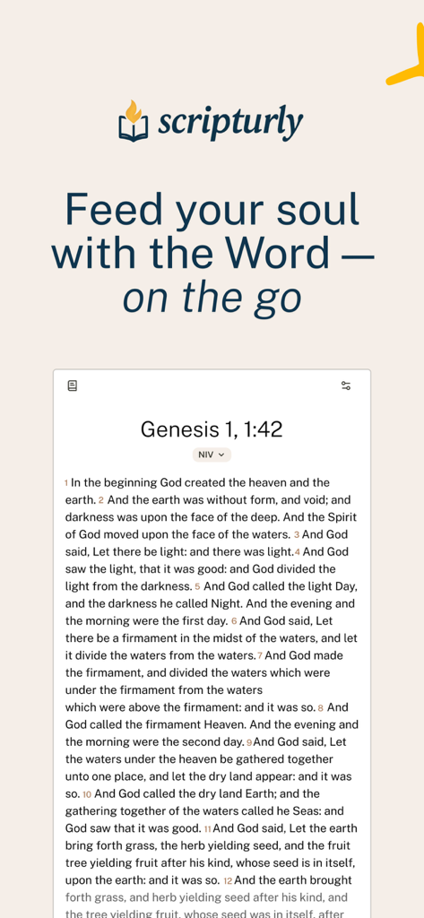 Scripturly - Scripturly app interface showing a clean reading view of Genesis chapter one from the Bible.