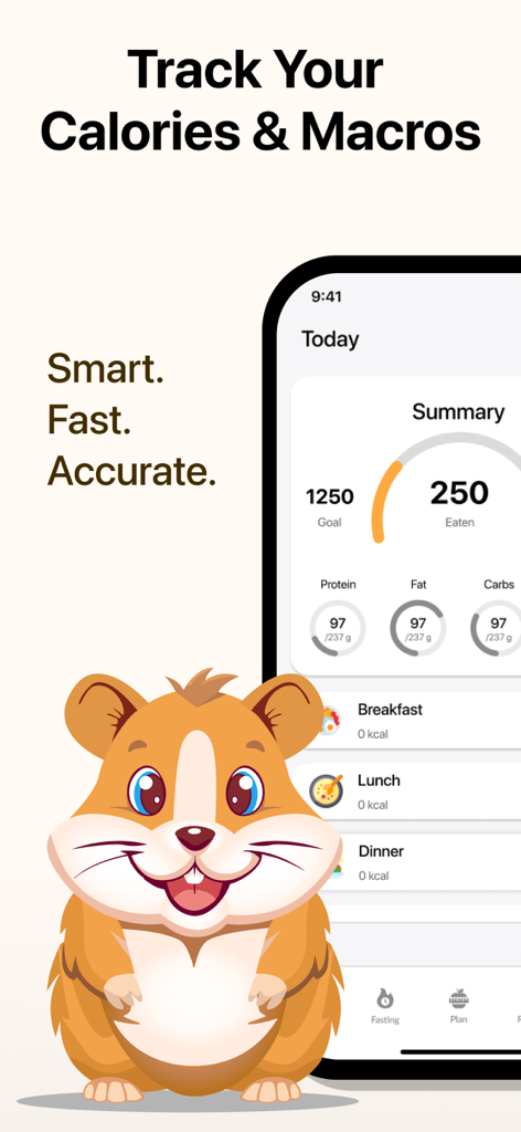 Numi: AI Calorie Counter - Numi app interface tracking calories and macros with a hamster mascot