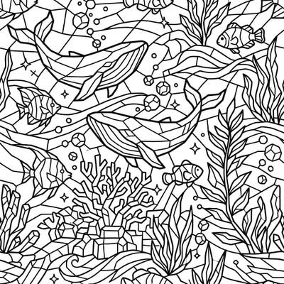 Explore the serene beauty of the ocean with this unique coloring page, featuring a seamless pattern of whales, fish, and coral rendered in an intricate stained glass style. Perfect for bringing a mosaic of marine life to vibrant life.