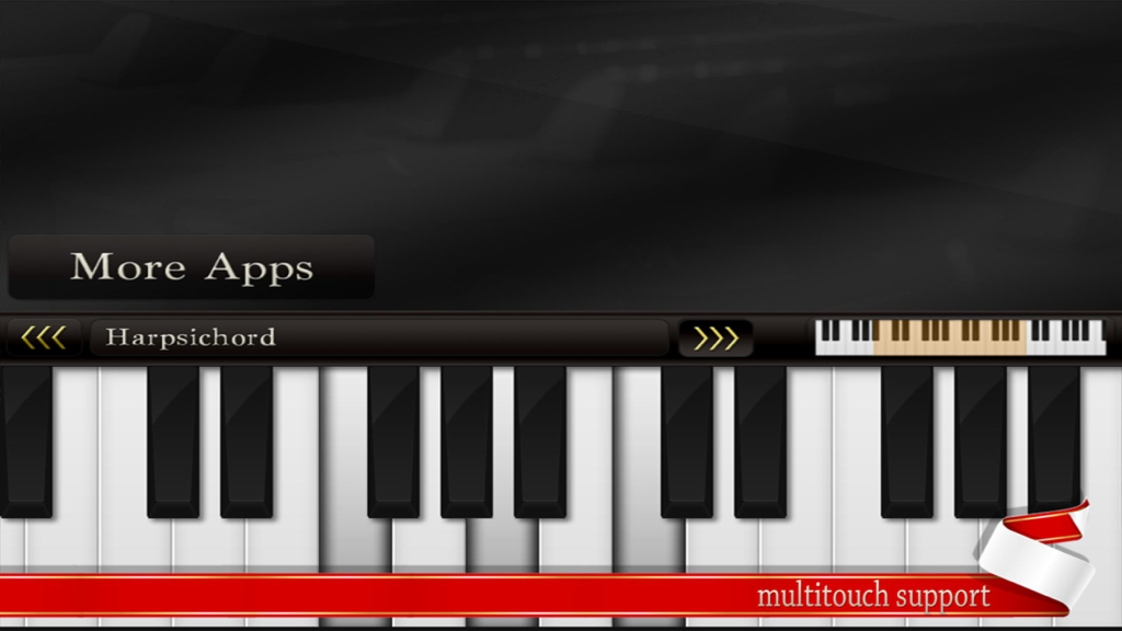 Free Piano. - Digital piano keyboard interface on a mobile app featuring harpsichord sound selection and multitouch support