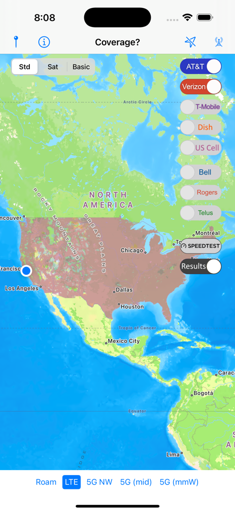 Interface of the Coverage app displaying a cellular signal map across North America with carrier toggles.