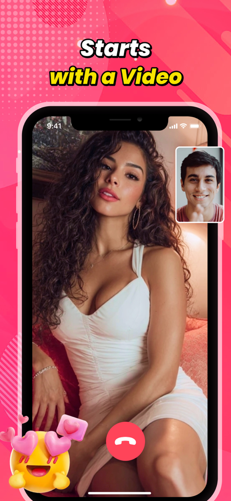 Mellow: Live Talk & Connect - A screenshot of the Mellow app showing a live video call interface between a man and a woman with heart emoji reactions.