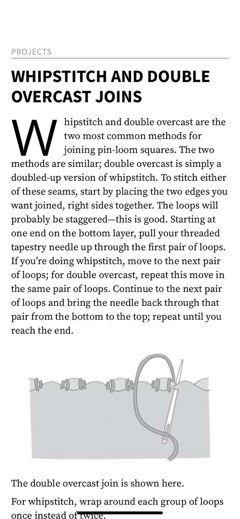 Handwoven - Instructional page for whipstitch and double overcast joins in the Handwoven app