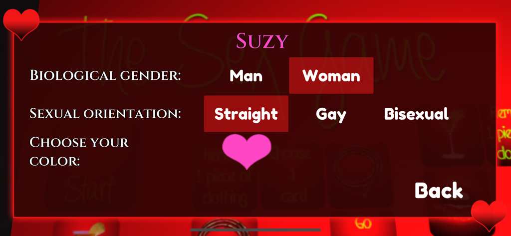 Sex Game: Unlimited Pleasure! - Écran de configuration du profil joueur pour sélectionner le genre et l'orientation sexuelle dans l'interface de l'application.