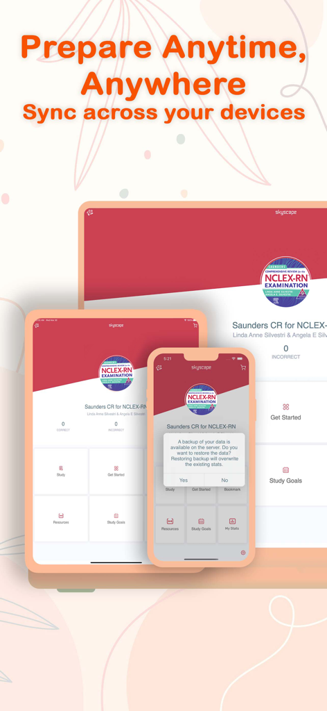 Interface de l'application Saunders NCLEX-RN présentée sur plusieurs appareils synchronisés, y compris un smartphone et une tablette.