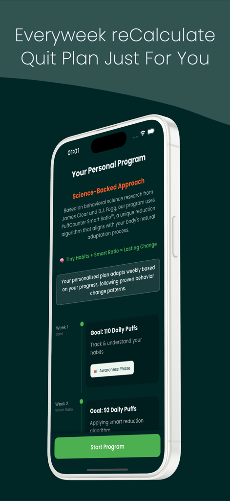 Una pantalla de plan de reducción de vapeo personalizado que muestra objetivos semanales de vapeos y seguimiento del progreso.