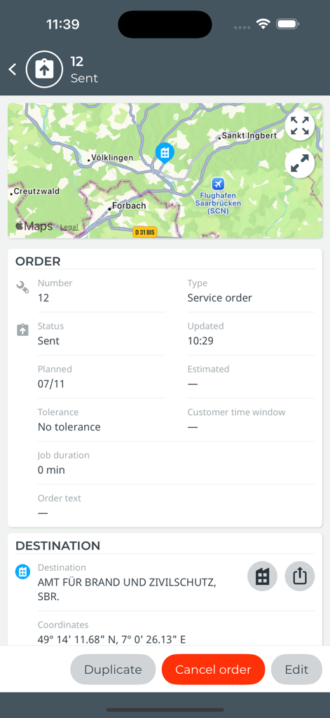 Webfleet Mobile - Interface of the Webfleet Mobile app displaying service order details and a destination map.
