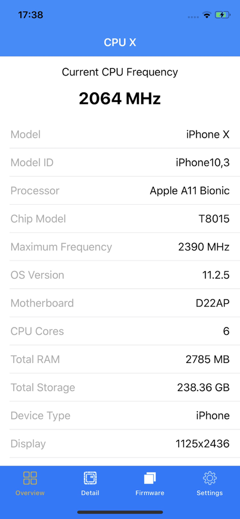 CPU X - CPU X dashboard showing iPhone hardware specifications including CPU frequency and RAM