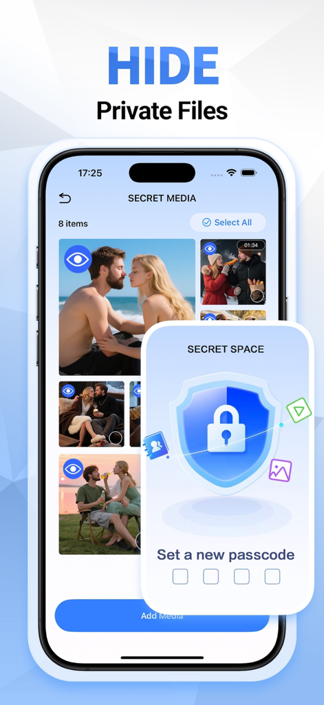 Super Cleaner: AI Cleaner - Una interfaz móvil para la aplicación Super Cleaner que muestra la función Espacio Secreto, que oculta fotos y videos privados detrás de un bloqueo de contraseña seguro.
