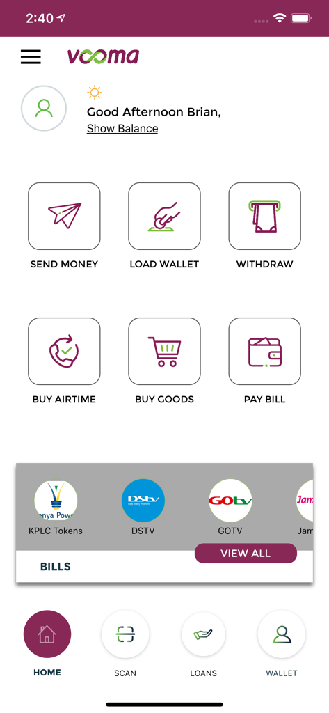 VOOMA - VOOMA app home screen showing financial service options like Send Money Load Wallet and Pay Bill