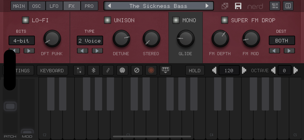 User interface of NERD Synth A2x showing lo-fi unison and FM drop synthesis controls above a piano keyboard