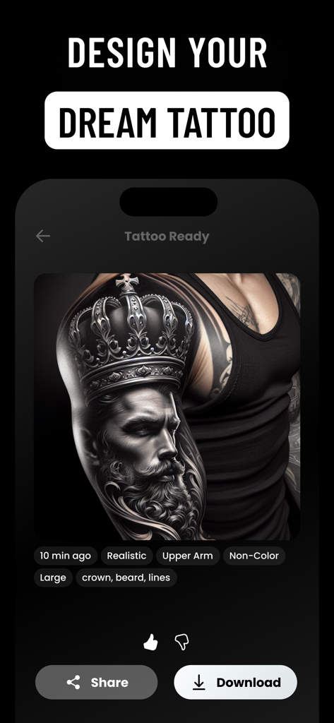 Tattoo AI Design Creator: Traz - Trazアプリのインターフェース内で、肩に realistic な王冠と髭面の男性のタトゥーデザイン。