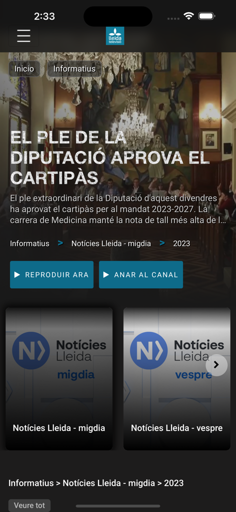 Interfaz de la aplicación móvil LLEIDA TV mostrando titulares de noticias locales y opciones de video en catalán