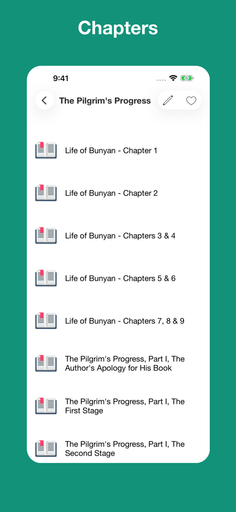 Christian Classics Books - Kapitelliste für das Buch Der Pilgerweg in der App Christliche Klassiker.