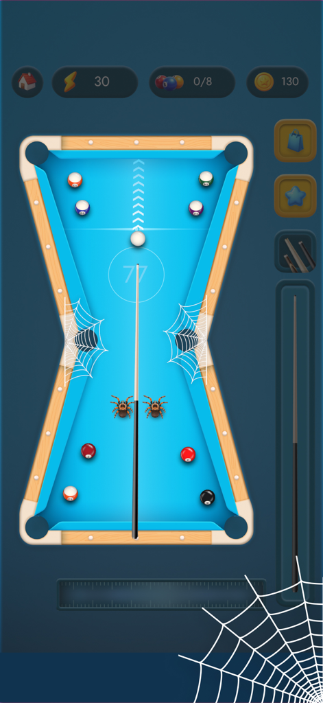 Mesa de sinuca em forma de ampulheta com obstáculos de aranha no jogo 8 Balls Pool Billiards