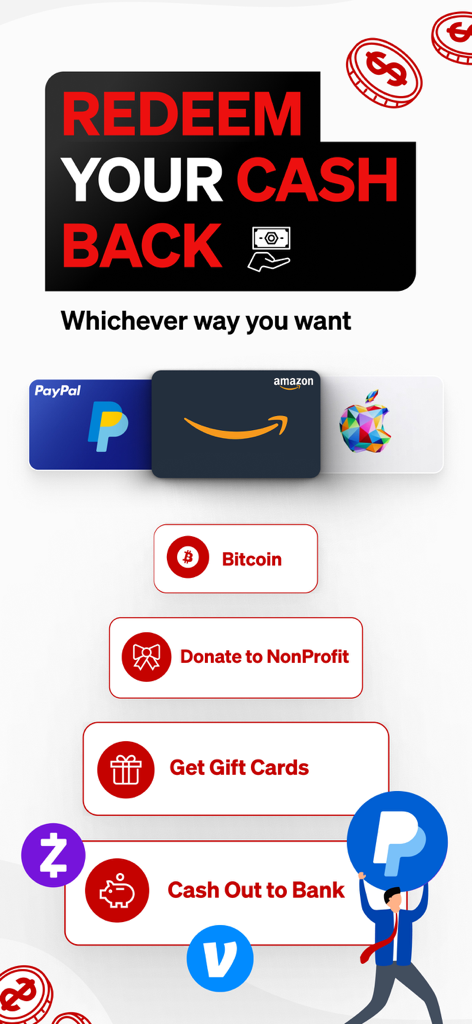 Price.com app screen showing cash back redemption options including PayPal, Amazon gift cards, Bitcoin, and bank transfers