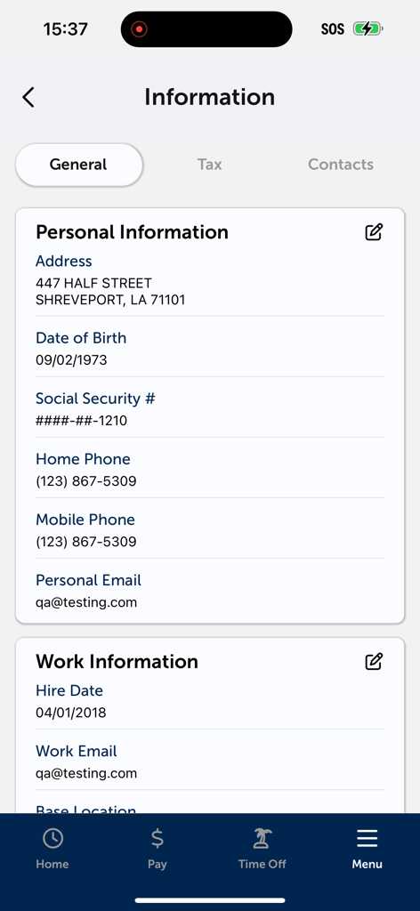 Una captura de pantalla de la aplicación eSELFSERVE que muestra un perfil de información personal de un empleado con detalles de contacto e información laboral