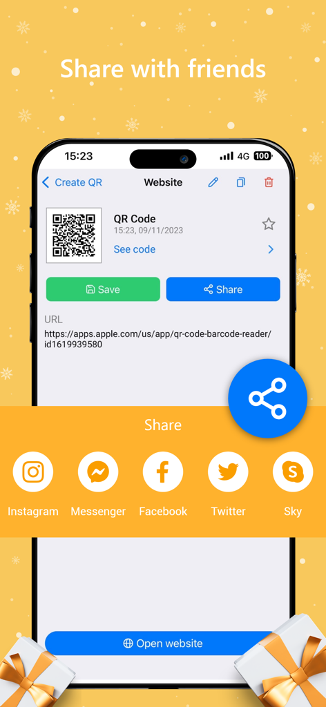 QR Code & Barcode Reader © - Interface showing the QR Code and Barcode Reader app sharing a generated website QR code to social media platforms like Facebook and Twitter.