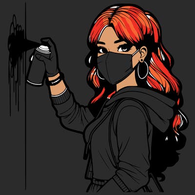 realistic girl with mask spray painting a wall