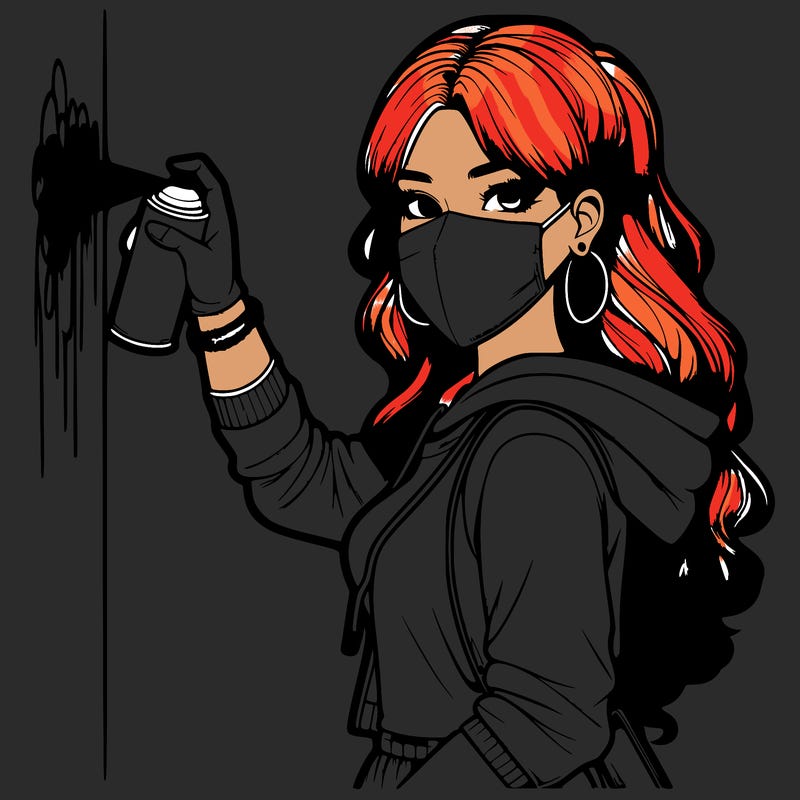 realistic girl with mask spray painting a wall