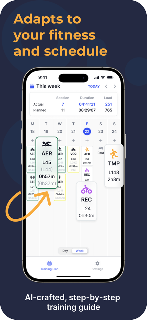Athletica AI Training Plans - La aplicación Athletica AI muestra un horario de entrenamiento semanal con entrenamientos de resistencia personalizados en un iPhone