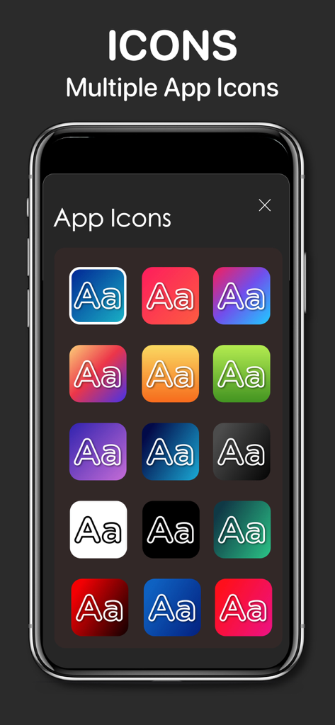 Fonts - keyboard Font Maker - A variety of colorful custom app icon options for the Fonts keyboard app on a smartphone screen.