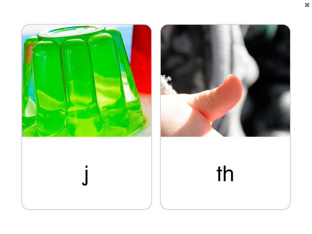 See and Learn Speech Sounds - Two phoneme cards showing the sound j with a picture of jelly and the sound th with a picture of a thumb