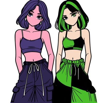 two girls with crop top with baggy pants