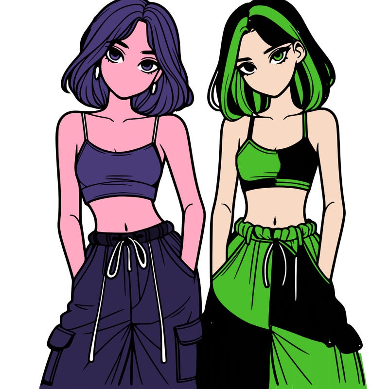 two girls with crop top with baggy pants