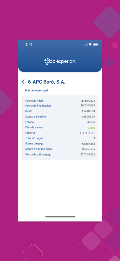 A mobile screen from the APC Experian app displaying detailed personal loan information including balance, status, and payment history.