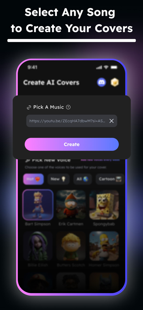 Music Maker: AI Song Generator - Pantalla de smartphone mostrando cómo crear portadas de canciones IA pegando un enlace de música y eligiendo entre diferentes voces de personajes.
