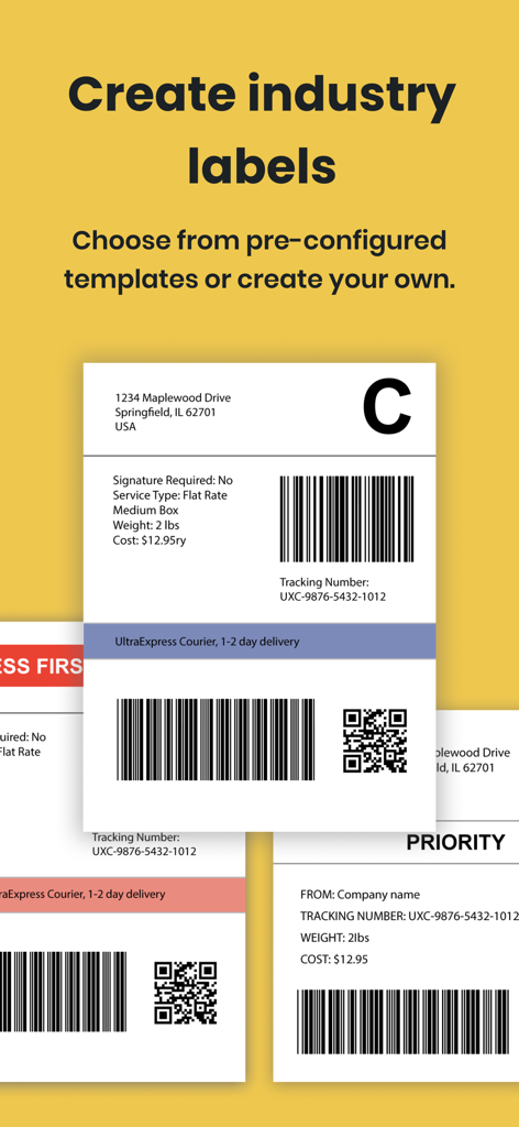 Barcode Scanner - Orca Scan - Example of customizable industry shipping labels with barcodes and QR codes created using Orca Scan