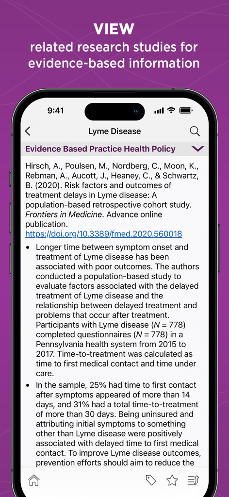 Screenshot of the Diseases and Disorders app showing evidence-based research studies and health policy for Lyme Disease