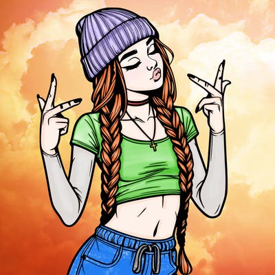 realistic teenage girl with braids and a beanie and crop top doing 🫶🏼