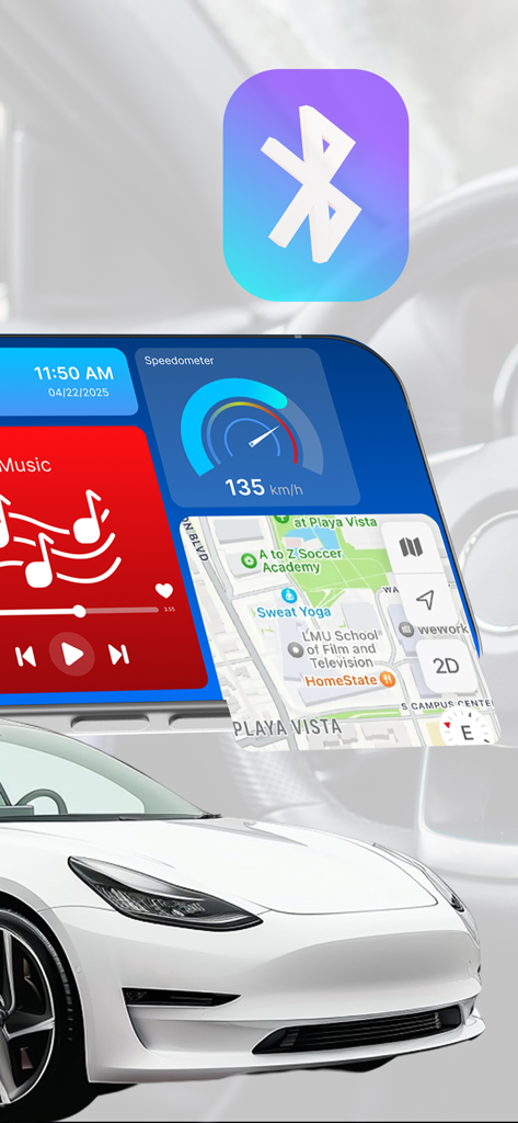 Entune app suite: Car Sync - A mobile app dashboard for car synchronization displaying a speedometer, map navigation, music controls, and a Bluetooth icon over a white car background.