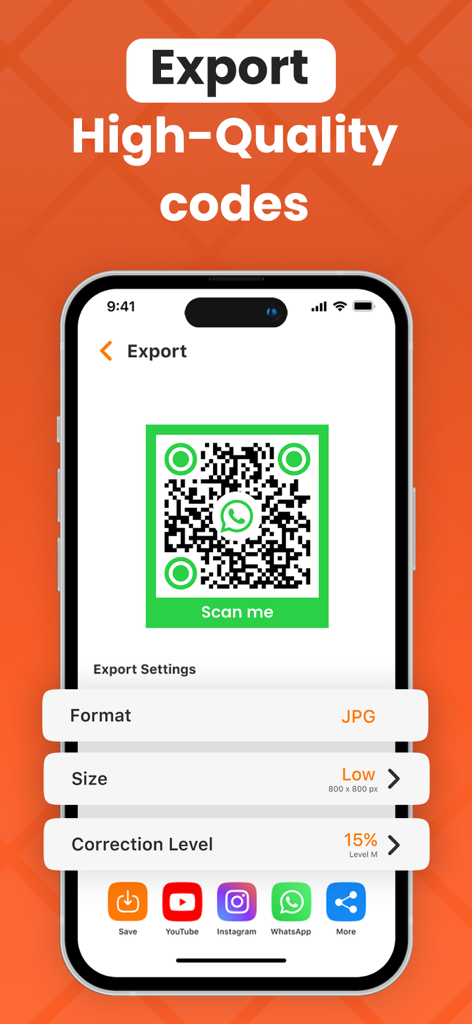 QR Code: Generator & Maker - Smartphone screen showing QR code export options for format size and sharing to WhatsApp or Instagram
