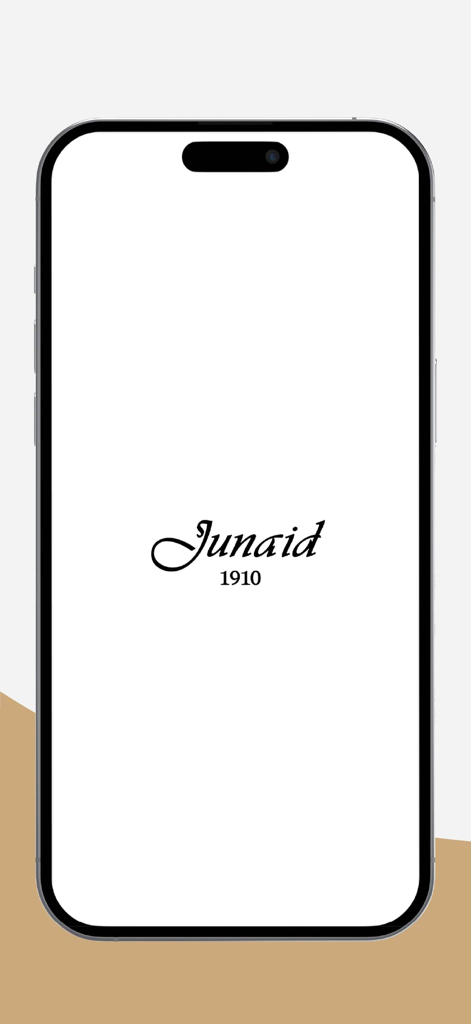 Der Splashscreen der Junaid Perfumes Mobile App mit dem Markennamen Junaid 1910 auf einem sauberen weißen Hintergrund.