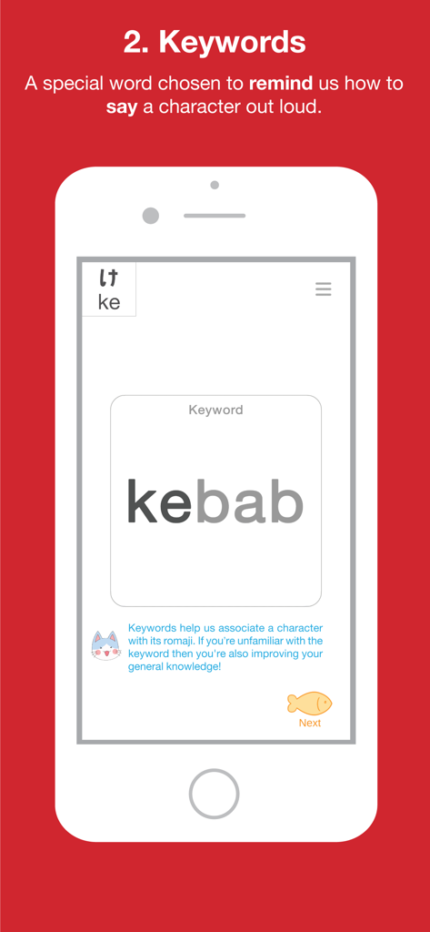 Hiragana Quest - Hiragana Quest app interface showing a keyword mnemonic for the Japanese character ke