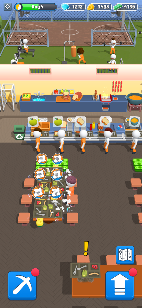 Prison Break-Out - Una vista de arriba hacia abajo de reclusos realizando tareas diarias en la cafetería y el patio del juego Prison Break-Out.