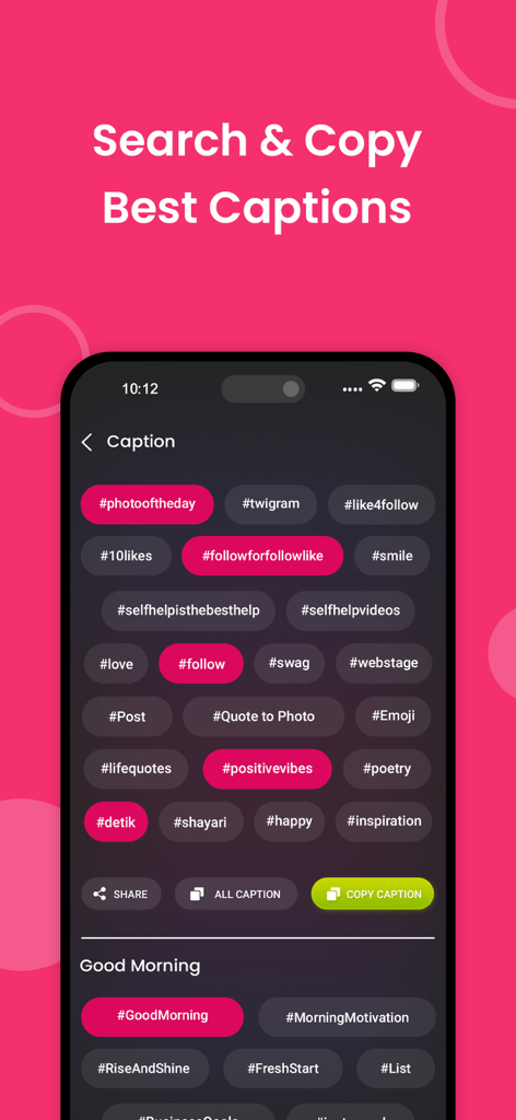 TopFollow - Tags - Interface showing searchable social media captions and hashtags in TopFollow app