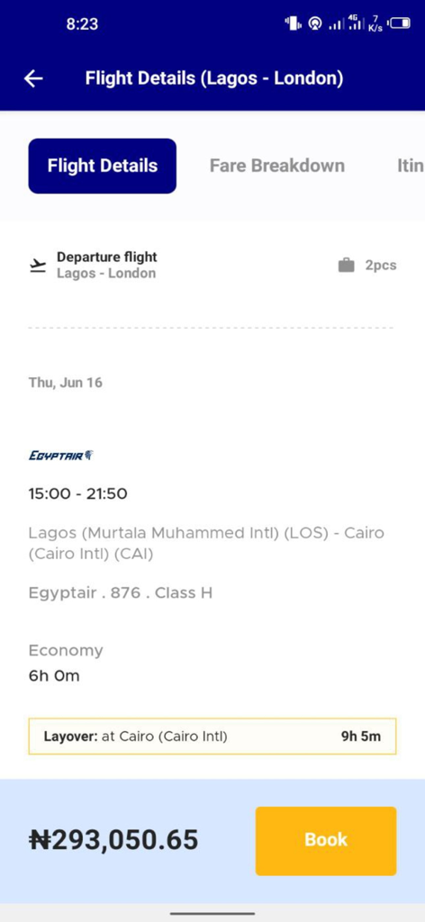 Travelbeta - Flight details screen on the Travelbeta app showing a trip from Lagos to London with EgyptAir.