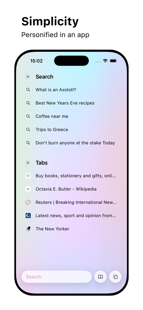Web Browser - Minimalist web browser UI showing recent searches and open tabs with a bottom search bar
