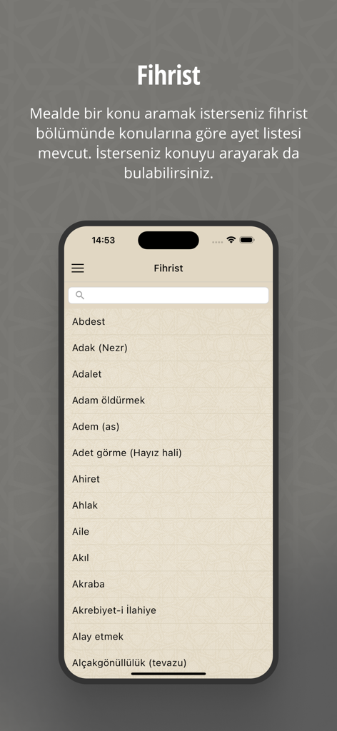 Kur'an - Pantalla del índice temático de la aplicación Kuran que muestra una lista de temas religiosos en turco.